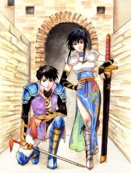 Rule 34 | 1boy, 1girl, agahari, armor, black hair, brother and sister, china dress, chinese clothes, dress, fingerless gloves, fire emblem, fire emblem: genealogy of the holy war, gloves, grey eyes, larcei (fire emblem), nintendo, scathach (fire emblem), sheath, sheathed, short hair, siblings, sword, weapon