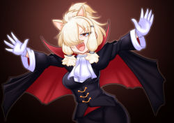 Rule 34 | 1girl, alpaca ears, alpaca suri (kemono friends), alternate costume, animal ears, arms up, blonde hair, cape, collared cape, cowboy shot, dutch angle, empty eyes, evil smile, extra ears, fang, formal, hair over one eye, half-closed eye, halloween costume, high collar, highres, jacket, kemono friends, long sleeves, medium hair, meulahke, open mouth, outstretched arms, outstretched hand, pants, red eyes, sidelocks, smile, solo, spread arms, v-shaped eyebrows, vampire costume