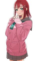 Rule 34 | 1girl, aged up, aqua eyes, blush, closed mouth, dunchy, furrowed brow, green neckerchief, grey sailor collar, grey skirt, hair between eyes, hair ornament, hairclip, highres, kurosawa ruby, looking at viewer, love live!, love live! sunshine!!, medium hair, neckerchief, own hands together, pink sweater, pleated skirt, red hair, sailor collar, skirt, sleeves past wrists, solo, sweater, tareme, upper body, white background