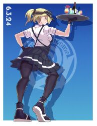 Rule 34 | 1girl, alternate costume, alternate hairstyle, black dress, black footwear, black gloves, blue background, border, bottle, breasts, danganronpa (series), danganronpa v3: killing harmony, dated, dress, from behind, glass, gloves, green eyes, hand on own hip, highres, holding, holding tray, large breasts, looking at viewer, looking back, pleated dress, ponytail, short sleeves, solo, soshu (socsuperfluous), tojo kirumi, tray, white border