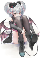 Rule 34 | 1girl, absurdres, adjusting footwear, ankle boots, bare shoulders, black footwear, black thighhighs, blush, boots, commentary, commission, cross-laced footwear, demon girl, demon tail, demon wings, detached sleeves, dress, ear piercing, facial tattoo, fold-over boots, frilled dress, frills, grey hair, hair ornament, hairpin, hat, high heel boots, high heels, highres, indie virtual youtuber, lace-up boots, mini hat, multicolored hair, nametarou (meron), piercing, pink hair, red eyes, shoe soles, simple background, skeb commission, sleeveless, sleeveless dress, solo, streaked hair, tail, tattoo, thighhighs, two-tone hair, virtual youtuber, white background, wings, x hair ornament