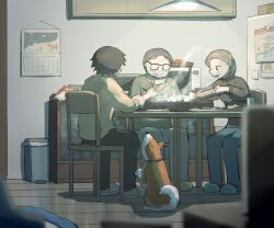 Rule 34 | 1girl, 2boys, absurdres, avogado6, begging, black pants, blue pants, blurry, blurry foreground, brown hair, brown shirt, calendar (object), chair, chopsticks, commentary, dog, eating, facing away, glasses, green shirt, grey hair, highres, holding, holding chopsticks, indoors, looking down, microwave, multicolored hair, multiple boys, old, old man, old woman, original, pants, plate, refrigerator, shirt, slippers, smile, stove, streaked hair, table, trash can, white pants, wooden floor, yellow shirt