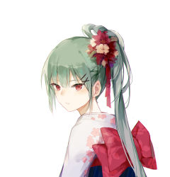 Rule 34 | 1girl, aiko (kanl), bad id, bad pixiv id, floral print, flower, from side, green hair, hair flower, hair ornament, hair ribbon, hairclip, japanese clothes, kimono, long hair, looking at viewer, mole, mole under eye, obi, original, parted lips, ponytail, red eyes, red flower, red ribbon, ribbon, sash, sidelocks, simple background, solo, white background, white flower, white kimono, x hair ornament