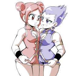 Rule 34 | 2girls, armband, asymmetrical docking, blue eyes, blue hair, breast press, breasts, chinese clothes, cleavage, cleavage cutout, clothing cutout, dragon gal, earrings, hair bun, hair ornament, hairpin, height difference, highres, jewelry, lewdamone, medium breasts, mui mui (snk), multiple girls, orange hair, red eyes, short hair, shorts, single hair bun, smile, snk, spiked hair, syao (dragon gal), thighs, wristband