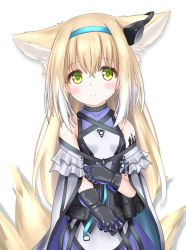 Rule 34 | 1girl, animal ear fluff, animal ears, arknights, bare shoulders, black gloves, blonde hair, blouse, blue hairband, blush, breasts, cloak, closed mouth, commentary request, covered collarbone, fox ears, fox girl, fox tail, gloves, green eyes, hair between eyes, hairband, highres, infection monitor (arknights), kitsune, langley1000, long hair, looking at viewer, material growth, oripathy lesion (arknights), purple shirt, purple skirt, revision, shirt, simple background, skirt, sleeveless, sleeveless shirt, small breasts, smile, solo, suzuran (arknights), tail, very long hair, white background, white cloak, white shirt