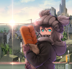 Rule 34 | 10s, 1girl, alternate costume, aqua eyes, bag, baguette, bread, bridge, casual, food, freckles, gloves, grey hair, hat, hood, hooded jacket, jacket, kantai collection, looking at viewer, meiz, paper bag, red pupils, solo, sunrise, wo-class aircraft carrier