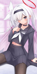 Rule 34 | 1girl, arm support, black choker, black coat, black eyes, black pantyhose, black serafuku, black skirt, blue archive, blurry, braid, choker, coat, collarbone, colored inner hair, commentary request, depth of field, hair ornament, hair over one eye, hairband, halo, head tilt, highres, indoors, long bangs, long hair, long sleeves, looking at viewer, midriff, multicolored hair, navel, open clothes, open coat, pantyhose, parted lips, paw pose, plana (blue archive), pleated skirt, school uniform, serafuku, sidelocks, single braid, sitting, skirt, solo, two-tone hair, white hair, z.m. (zimin)