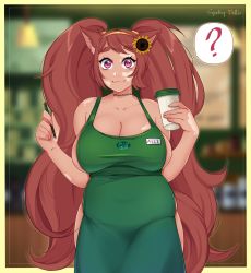 Rule 34 | :3, absurdres, animal ear fluff, animal ears, apron, barista, blurry, blurry background, breasts, cafe, cat ears, character name, cup, highres, holding, holding cup, iced latte with breast milk (meme), large breasts, long hair, looking at viewer, meme, naked apron, outside border, pink eyes, plump, red hair, self-upload, solo, tail, tan, thick thighs, thighs, twintails, very long hair, vitiligo