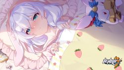 Rule 34 | 1girl, :t, absurdres, artist request, bed, bed sheet, blue eyes, cellphone, closed mouth, doll, from above, hair between eyes, highres, homei (honkai impact), honkai (series), honkai impact 3rd, looking at viewer, official art, pajamas, phone, pillow, pout, shadow, sick, side ponytail, solo, theresa apocalypse, towel, towel on head, white hair