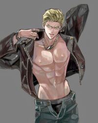 Rule 34 | 1boy, abs, alternate costume, arm behind head, black jacket, black male underwear, blonde hair, bracelet, chain, chain necklace, cowboy shot, denim, eni (yoyogieni), final fantasy, final fantasy viii, green eyes, grey background, hair slicked back, highres, jacket, jeans, jewelry, leather, leather jacket, long sleeves, looking at viewer, male focus, male underwear, muscular, muscular male, navel, necklace, nipples, open clothes, open fly, open jacket, open mouth, pants, pectorals, ring, scar, scar on face, scar on forehead, seifer almasy, short hair, smile, solo, underwear