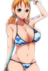 Rule 34 | 1girl, absurdres, arm tattoo, arm up, artist name, bare shoulders, bikini, blue bikini, bracelet, breasts, brown eyes, cleavage, collarbone, groin, highres, huge breasts, jewelry, le reef, looking at viewer, nami (one piece), navel, one piece, orange hair, pole, short twintails, simple background, smile, stomach, swimsuit, tattoo, thighs, twintails, white background, wide hips