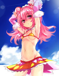 Rule 34 | 1girl, armpits, arms up, bikini, breasts, cloud, cowboy shot, curcuma (flower knight girl), detached sleeves, double bun, flower knight girl, highres, legs apart, long hair, looking at viewer, navel, pink hair, purple eyes, purple sleeves, skirt, sky, small breasts, solo, standing, stomach, summer, swimsuit, takabow, yellow bikini, yellow skirt