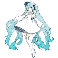 Rule 34 | 1girl, agonasubi, ascot, bare shoulders, blue eyes, blue hair, bonnet, boots, borrowed design, bow, brooch, dress, full body, gloves, hair bow, hatsune miku, jewelry, long hair, long sleeves, looking at viewer, outstretched arms, petticoat, puffy sleeves, sketch, snowflake print, solo, standing, thigh boots, thighhighs, twintails, very long hair, vocaloid, white ascot, white background, white bow, white dress, white footwear, white gloves, white headwear, yuki miku, yuki miku (2020) (candidate no.5), zettai ryouiki