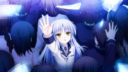 Rule 34 | 10s, 1girl, angel beats!, arm up, braid, from above, game cg, glowing, na-ga, reaching, reaching towards viewer, solo focus, tenshi (angel beats!), ticket, white hair, yellow eyes