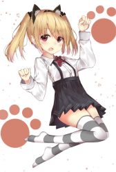 Rule 34 | 1girl, animal ears, arm up, ascot, blonde hair, blouse, fake animal ears, fang, highres, long sleeves, looking at viewer, neku (neku draw), open mouth, original, paw pose, paw print, red eyes, shirt, skirt, solo, striped clothes, striped thighhighs, suspender skirt, suspenders, thighhighs, twintails, white shirt, zettai ryouiki