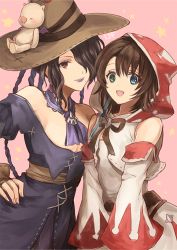 Rule 34 | 2girls, :d, alternate costume, bare shoulders, black hair, blue eyes, breasts, brown hair, brown hat, brown ribbon, cleavage, closed mouth, detached sleeves, dress, earrings, final fantasy, final fantasy x, fingernails, green eyes, hair over one eye, hand on own hip, hat, heterochromia, hood, hood up, jewelry, large breasts, lipstick, long hair, long sleeves, looking at viewer, lulu (ff10), makeup, mole, mole under mouth, moogle, multiple girls, off-shoulder dress, off shoulder, open mouth, pink background, purple dress, purple lips, red eyes, ribbon, sasanomesi, short hair, smile, star (symbol), stuffed toy, witch hat, yuna