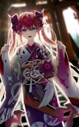 Rule 34 | 1girl, absurdres, arata haru, blue eyes, fangs, flower, hair flower, hair ornament, halo, heterochromia, highres, hololive, hololive english, horns, irys (new year) (hololive), irys (hololive), japanese clothes, kimono, long hair, multicolored hair, obi, open mouth, pink eyes, pointy ears, purple hair, purple kimono, red hair, sash, star halo, twintails, two-tone hair, two-tone kimono, virtual youtuber, white flower, white kimono