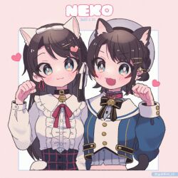 Rule 34 | 2girls, :3, animal ears, blue eyes, blush, brown hair, cat ears, cat tail, closed mouth, dated, fake animal ears, fang, hair ornament, hairclip, heart, highres, hololive, kingyo (g-fish), long hair, long sleeves, multiple girls, oozora subaru, open mouth, short hair, smile, tail, virtual youtuber