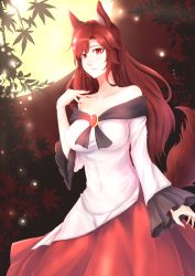 Rule 34 | 1girl, absurdres, animal ears, bamboo, bamboo forest, bare shoulders, breasts, brooch, brown hair, collarbone, colored eyelashes, dress, expressionless, eyebrows, fingernails, forest, frilled sleeves, frills, full moon, hair between eyes, hand up, highres, imaizumi kagerou, jewelry, large breasts, layered dress, light particles, long fingernails, long hair, long sleeves, macline, moon, moonlight, nail polish, nature, navel, night, night sky, pursed lips, red dress, red eyes, red nails, red sky, sagging breasts, sharp fingernails, sky, solo, tail, taut clothes, taut dress, touhou, very long hair, white dress, wolf ears, wolf tail