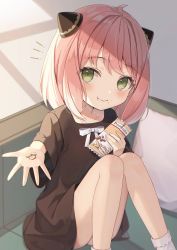 Rule 34 | 1girl, ahoge, amai melo, anya (spy x family), black dress, blush, bow, couch, double bun, dress, eating, food, food on face, green eyes, hair bun, half-closed eyes, highres, looking at viewer, on couch, peanut, pink hair, reaching, reaching towards viewer, short hair, short sleeves, sitting, smile, snack, solo, spy x family, white bow, wide sleeves