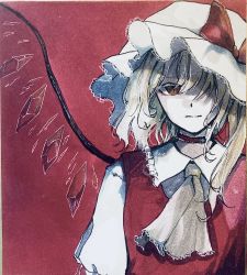 Rule 34 | 1girl, absurdres, ascot, blonde hair, bow, brown eyes, choker, crystal, flandre scarlet, frilled choker, frills, hair over one eye, hat, hat bow, highres, looking at viewer, medium hair, mob cap, one side up, red background, red bow, red vest, shirt, solo, t terano, touhou, traditional media, upper body, vest, white hat, white shirt, wings, yellow ascot