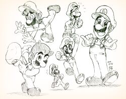 Rule 34 | 1boy, big nose, bowing, buttons, cabbie hat, clenched hands, clenched teeth, closed mouth, commentary request, crossed legs, dated, facial hair, falling, flying sweatdrops, frown, gloves, greyscale, hand on own face, hat, highres, holding, holding own hair, ink (medium), leg up, long sleeves, luigi, male focus, mario (series), monochrome, mustache, nintendo, notice lines, one eye closed, open mouth, outstretched arm, outstretched arms, outstretched leg, overalls, raised eyebrow, running, scared, shadow, shirt, shoes, short hair, signature, sketch, smile, strap pull, sweat, teeth, thick eyebrows, traditional media, tripping, unworn hat, unworn headwear, upper teeth only, wide-eyed, yamato koara