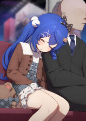 Rule 34 | 1boy, 1girl, absurdres, ahoge, amamiya kokoro, bag, bald, bear hair ornament, black bow, blouse, blue hair, blue necktie, blue skirt, bow, brown jacket, buttons, closed mouth, cropped jacket, drooling, faceless, faceless male, formal, frilled shirt, frills, hair bow, hair ornament, handbag, high-waist skirt, highres, jacket, leaning on person, lunch boxer, necktie, nervous sweating, nijisanji, open mouth, plaid, plaid skirt, polka dot, polka dot bow, pom pom (clothes), pom pom hair ornament, reflection, ringlets, shirt, sitting, skirt, sleeping, suit, sweat, train interior, twintails, virtual youtuber, window, x hair ornament