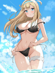 Rule 34 | 1girl, absurdres, aqua eyes, bad id, bad pixiv id, bikini, black bikini, blonde hair, blue sky, breasts, cleavage, closed mouth, cloud, day, girls&#039; frontline, gluteal fold, highres, lens flare, long hair, looking at viewer, medium breasts, navel, ocean, outdoors, sky, smile, solo, strap slip, suomi (girls&#039; frontline), swimsuit, thigh gap, thigh strap, thighs, wading, water drop, wusaihai