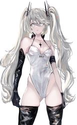 Rule 34 | 1girl, absurdres, bare shoulders, black gloves, black thighhighs, breasts, commentary, cowboy shot, elbow gloves, gawako, gloves, grey eyes, hair between eyes, highleg, highleg leotard, highres, leotard, long hair, looking away, medium breasts, original, parted lips, silver hair, simple background, solo, standing, symbol-only commentary, thighhighs, twintails, very long hair, white background, white leotard