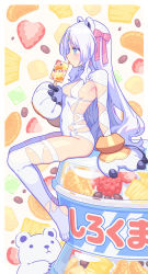 Rule 34 | 1girl, animal ears, animal hands, armpits, bear ears, blue eyes, bow, breasts, clothing cutout, covered navel, food, forehead jewel, from side, gloves, hair bow, highres, holding, ice cream, kaito (k4itoh), leotard, licking, long hair, long sleeves, looking away, no shoes, original, paw gloves, popsicle, profile, revealing clothes, side cutout, sitting, small breasts, solo, thighhighs, thighs, tongue, tongue out, very long hair, wavy hair, white hair, white leotard, white thighhighs