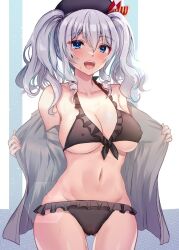 Rule 34 | 1girl, :d, bare shoulders, bikini, black bikini, blue eyes, blush, breasts, cameltoe, collarbone, covered erect nipples, drill hair, frilled bikini, frills, gin&#039;ichi (akacia), gluteal fold, grey hair, hat, highres, kantai collection, kashima (kancolle), large breasts, long hair, looking at viewer, navel, open mouth, sidelocks, smile, solo, sweat, swimsuit, thighs, twin drills, twintails, wavy hair
