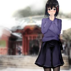 Rule 34 | 1girl, 73suke, absurdres, alternate costume, bag, black hair, black pantyhose, black skirt, blurry, brown eyes, commentary request, covering own mouth, depth of field, haguro (kancolle), hair ornament, handbag, covering own mouth, highres, kantai collection, looking at viewer, pantyhose, purple sweater, short hair, shrine, skirt, solo, sweater