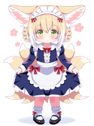 Rule 34 | 1girl, absurdres, alternate costume, animal ear fluff, animal ears, apron, arknights, black footwear, blonde hair, blue dress, blush, bobby socks, braid, braided hair rings, closed mouth, commentary request, dress, enmaided, floral background, fox ears, fox girl, fox tail, frilled apron, frills, full body, green eyes, hair between eyes, hair rings, highres, juliet sleeves, kitsune, long sleeves, looking at viewer, maid, maid headdress, multicolored hair, pigeon-toed, puffy sleeves, rebaa, shadow, shoes, skirt hold, socks, solo, standing, suzuran (arknights), tail, twin braids, two-tone hair, white apron, white background, white hair, white socks