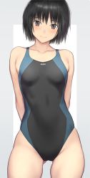 Rule 34 | 1girl, amagami, arms behind back, black eyes, black hair, black one-piece swimsuit, breasts, competition swimsuit, looking at viewer, medium breasts, nanasaki ai, one-piece swimsuit, serizawa (serizawaroom), short hair, simple background, smile, solo, swimsuit