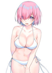 Rule 34 | 1girl, alternate costume, bare shoulders, bikini, blush, breasts, cleavage, collarbone, commentary request, eyes visible through hair, fate/grand order, fate (series), hair over one eye, highres, large breasts, light purple hair, looking at viewer, mash kyrielight, navel, open mouth, short hair, side-tie bikini bottom, simple background, slumcat, solo, sweat, swimsuit, teeth, upper teeth only, white background, white bikini