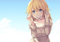 Rule 34 | 1girl, bad id, bad pixiv id, blonde hair, blue eyes, blue sky, cloud, collarbone, commentary request, eyes visible through hair, unworn eyewear, fate/grand order, fate (series), grin, holding, holding removed eyewear, jeanne d&#039;arc (fate), jeanne d&#039;arc (ruler) (fate), long hair, looking at viewer, nakatokung, red-framed eyewear, ribbed sweater, sky, smile, solo, sweater, teeth