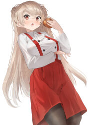 Rule 34 | 1girl, alternate costume, alternate hairstyle, ascot, black pantyhose, breasts, brown eyes, collared shirt, conte di cavour (kancolle), cosplay, eating, grey hair, highres, kantai collection, large breasts, long hair, long sleeves, looking at viewer, nisshin (kancolle), nisshin (kancolle) (cosplay), open mouth, pantyhose, potato, shirt, simple background, skirt, smile, solo, suspender skirt, suspenders, toka (marchlizard), white background, white shirt