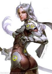 Rule 34 | 1girl, absurdres, armor, artist name, ass, bodysuit, breastplate, breasts, character name, closed mouth, cowboy shot, cyborg, from behind, genderswap, genderswap (mtf), genji (overwatch), gloves, green eyes, highres, holding, holding sword, holding weapon, katana, lips, long hair, looking at viewer, looking back, low-tied long hair, mechanical arms, motion blur, no headwear, no headwear, overwatch, overwatch 1, raypier, shuriken, silver hair, single mechanical arm, small breasts, solo, standing, sword, upper body, watermark, weapon, web address, white background