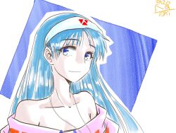 Rule 34 | 1girl, bare shoulders, blue eyes, blue hair, closed mouth, collarbone, hairband, highres, jewelry, long hair, looking at viewer, lucia (lunar), lunar, lunar 2: eternal blue, necklace, smile, solo, toki tencho