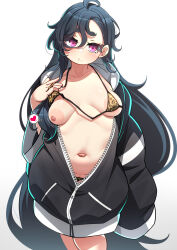 Rule 34 | 1girl, absurdres, ahoge, animal print, areola slip, belly, bikini, bikini top lift, black hair, blush, breasts, breasts out, cleft of venus, closed mouth, clothes lift, commentary request, downer kid (konoshige), heart, highres, hood, hoodie, konoshige (ryuun), leopard print, long hair, medium breasts, micro bikini, mole, nipples, original, oversized clothes, partially unzipped, pink eyes, pussy, pussy peek, sagging breasts, simple background, solo, swimsuit, thick eyebrows, white background