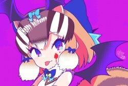 Rule 34 | 1girl, animal ears, blue eyes, brown hair, chipmunk ears, chipmunk girl, chipmunk tail, demon wings, elbow gloves, extra ears, gloves, kemono friends, kemono friends v project, kitsunetsuki itsuki, looking at viewer, microphone, purple background, ribbon, shirt, short hair, siberian chipmunk (kemono friends), simple background, sleeveless, sleeveless shirt, solo, tail, tongue, upper body, vest, virtual youtuber, wings