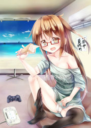 Rule 34 | 10s, 1girl, :d, absurdres, air conditioner, alternate costume, bare shoulders, beach, black thighhighs, blue sky, blush, brown hair, clothes writing, cloud, collarbone, controller, drawing (object), dualshock, food, game controller, gamepad, glasses, highres, ice cream, ice cream cone, indoors, kantai collection, long hair, looking at viewer, mochizuki (kancolle), ocean, off shoulder, open mouth, panties, playstation controller, red-framed eyewear, sand, semi-rimless eyewear, shirt, short sleeves, sitting, sky, smile, solo, thighhighs, translated, under-rim eyewear, underwear, water, white panties, yuki kawachi