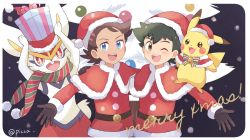 Rule 34 | 2boys, :d, ;d, ash ketchum, belt, blue eyes, box, brown eyes, brown gloves, brown hair, capelet, christmas, cinderace, clothed pokemon, commentary request, creatures (company), eyelashes, fur-trimmed capelet, fur trim, game freak, gen 1 pokemon, gen 8 pokemon, gift, gift box, gloves, goh (pokemon), hat, holding, looking at viewer, male focus, mei (maysroom), merry christmas, multiple boys, nintendo, one eye closed, open mouth, pikachu, pokemon, pokemon (anime), pokemon (creature), pokemon journeys, red capelet, red headwear, santa hat, scarf, smile, teeth, tongue