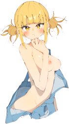 Rule 34 | 1girl, absurdres, blonde hair, blue overalls, boku no hero academia, breasts, breasts out, closed mouth, double bun, hair bun, highres, looking at viewer, medium breasts, naked overalls, nipples, overalls, overalls pull, pants falling, rasusurasu, short hair, simple background, solo, strap slip, toga himiko, topless, white background, yellow eyes