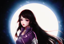 Rule 34 | 1girl, absurdres, backlighting, black background, brown hair, closed mouth, collared dress, dress, from side, highres, hua jianghu zhi bei mo ting, long hair, moon, mulan style, purple dress, purple eyes, si kongqi (hua jianghu zhi bei mo ting), solo, upper body
