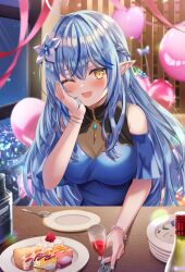 Rule 34 | 1girl, absurdres, bare shoulders, blue dress, blue eyes, dress, highres, hololive, looking at viewer, matsumoto yuu, one eye closed, pointy ears, smile, solo, virtual youtuber, yellow eyes, yukihana lamy