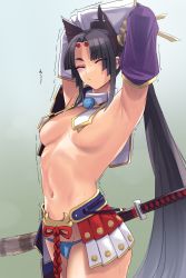 Rule 34 | 1girl, armor, armpits, arms behind head, arms up, asymmetrical sleeves, black hair, blue panties, breast curtains, breasts, closed eyes, detached sleeves, fate/grand order, fate (series), feather hair ornament, feathers, gachou, hair bun, hair ornament, hat, highres, japanese armor, katana, long hair, medium breasts, mismatched sleeves, panties, parted bangs, scabbard, sheath, side bun, side ponytail, sidelocks, single hair bun, single side bun, solo, stretching, sword, thighs, underwear, ushiwakamaru (fate), very long hair, weapon, wide sleeves