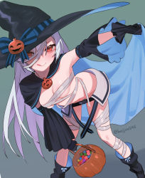 Rule 34 | 1girl, bandages, beijuu, bent over, black footwear, black gloves, black hat, blush, boots, breasts, closed mouth, detached sleeves, girls&#039; frontline, gloves, halloween, hat, hat ribbon, licking lips, long hair, looking at viewer, medium breasts, official alternate costume, red eyes, ribbon, silver hair, smile, solo, standing, tokarev (girls&#039; frontline), tokarev (thief of sweetness) (girls&#039; frontline), tongue, tongue out