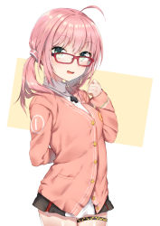 Rule 34 | 1girl, ahoge, arm behind back, blush, cardigan, clothes writing, cowboy shot, cross, game club project, glasses, green eyes, hair ornament, hand up, highres, long hair, looking at viewer, open mouth, otousan952, pink cardigan, pink hair, red-framed eyewear, sakuragi miria, school uniform, smile, solo, turtleneck, twintails, virtual youtuber, white background