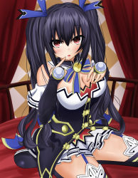 Rule 34 | 10s, 1girl, bare shoulders, black hair, blush, breasts, cleavage, ex idol, hair ornament, large breasts, long hair, looking at viewer, neptune (series), noire (neptunia), red eyes, ribbon, sitting, solo, twintails, very long hair, wariza